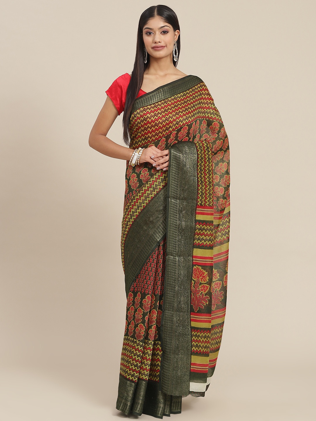 

SHANGRILA Green & Pink Ajrakh Pure Cotton Block Print Saree
