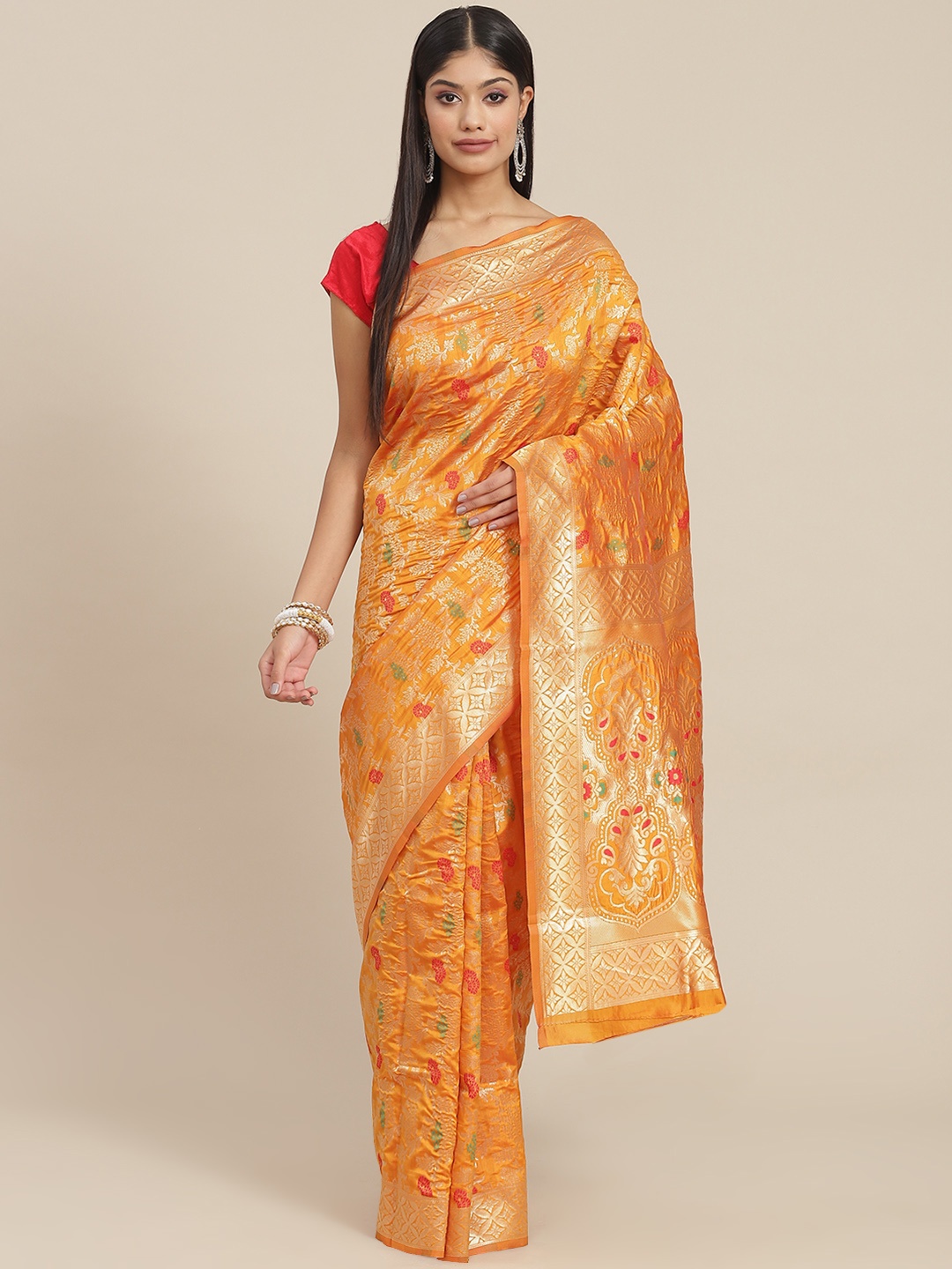 

SHANGRILA Yellow Ethnic Motifs Art Silk Banarasi Saree