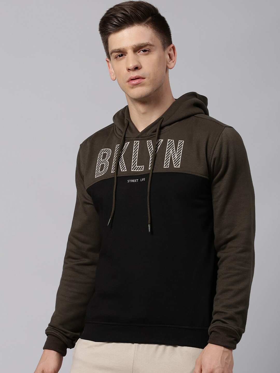 

Hubberholme Men Black & Brown Colourblocked Hooded Sweatshirt