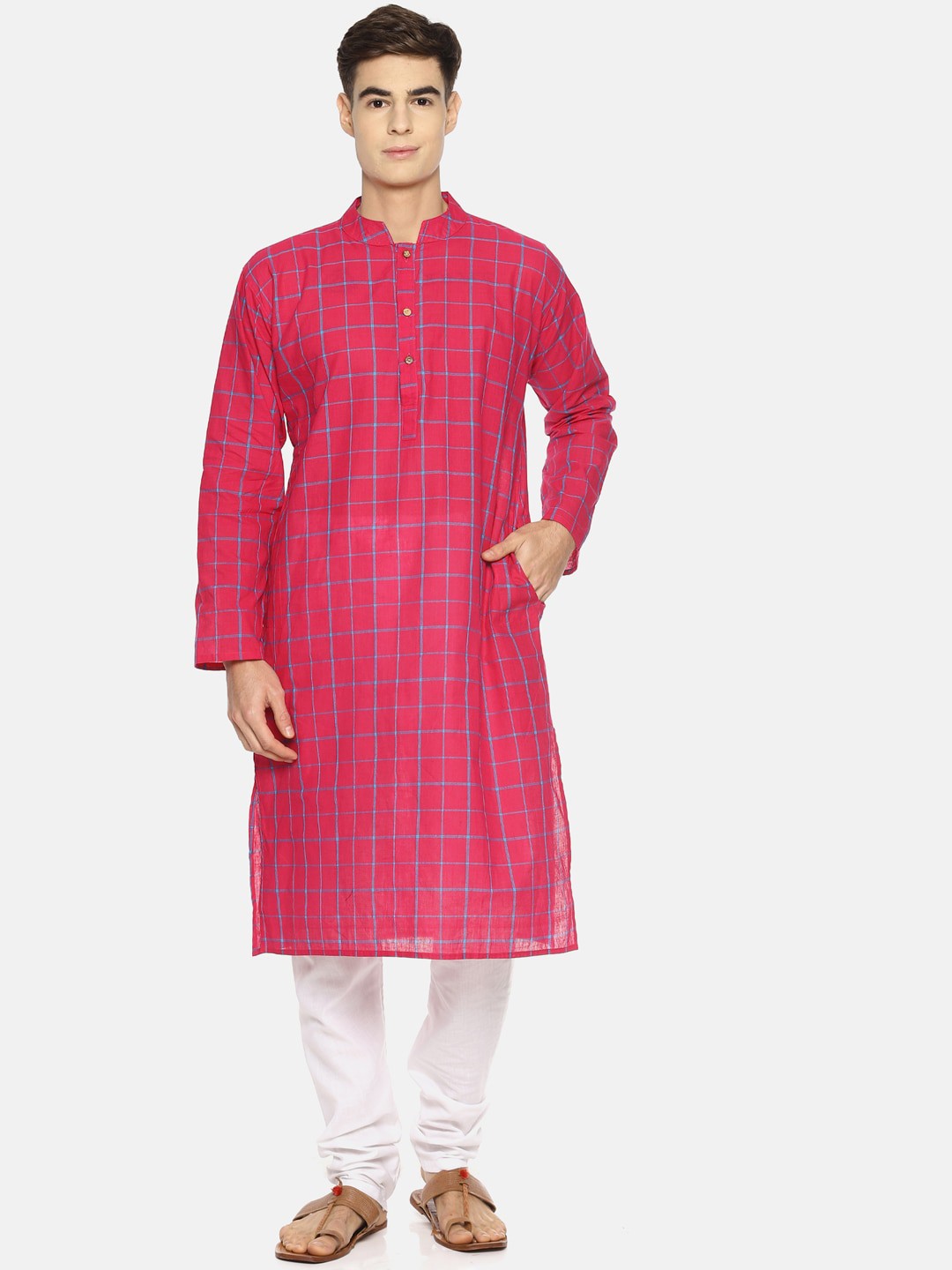

PAROKSH Men Pink Checked Pure Cotton Kurta