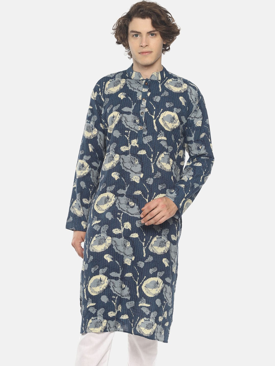 

PAROKSH Men Blue Abstract Printed Thread Work Straight Long Cotton Kurta