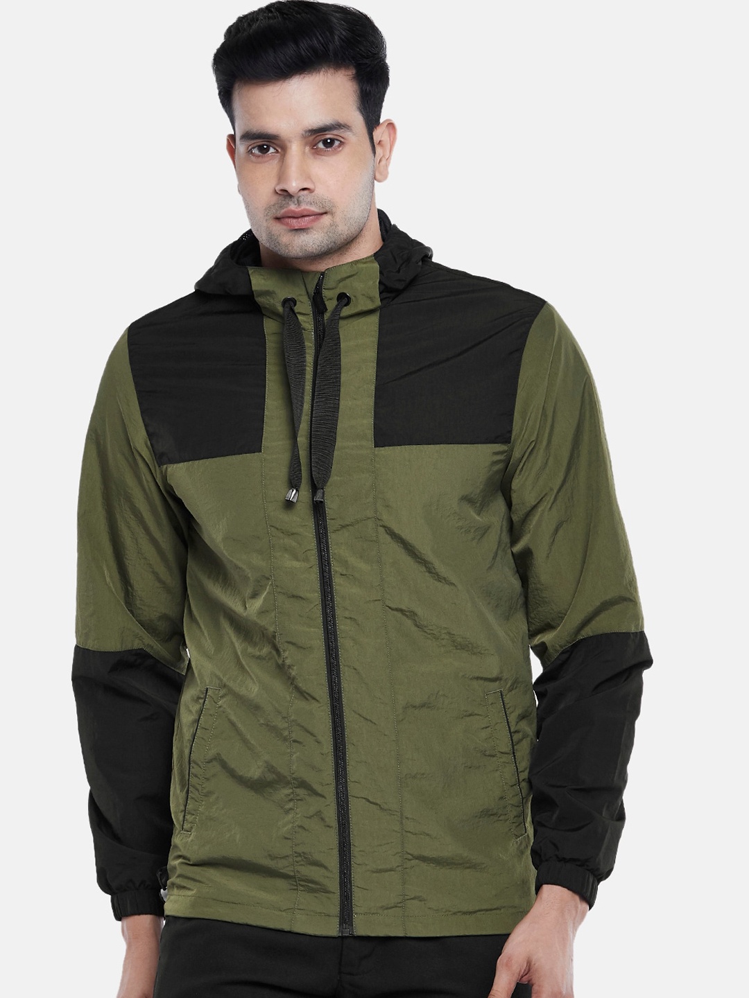 

BYFORD by Pantaloons Men Olive Green & Black Colourblocked Outdoor Bomber Jacket
