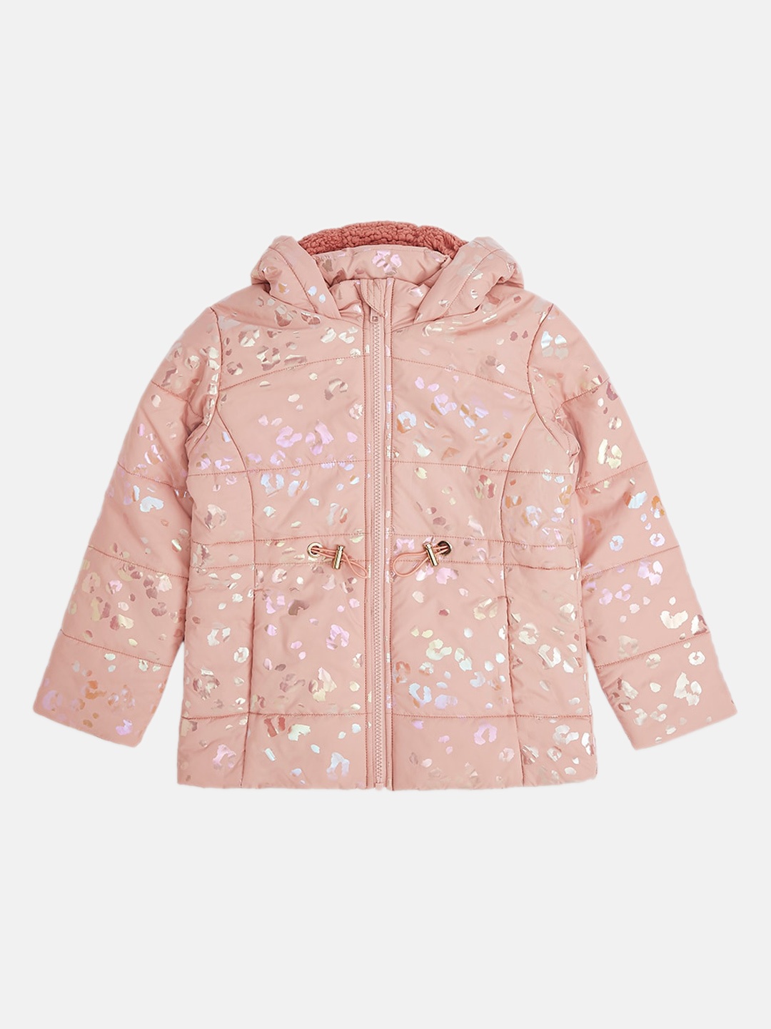 

Pantaloons Junior Girls Peach-Coloured Floral Puffer Jacket with Patchwork