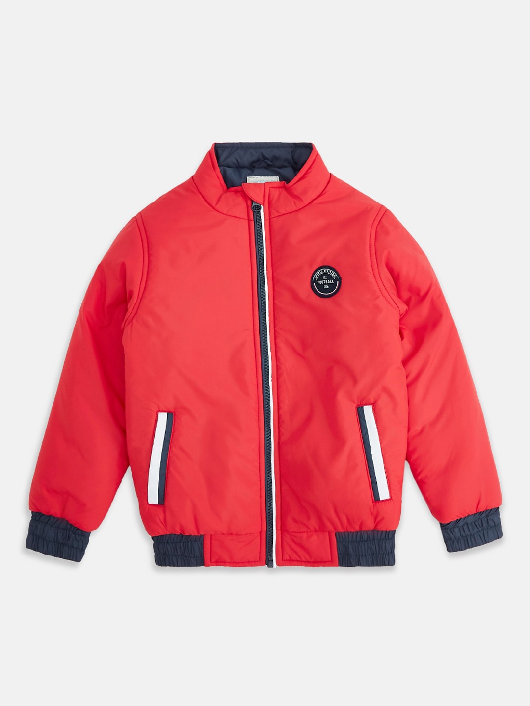 

Pantaloons Junior Boys Red Navy Blue Bomber with Patchwork Jacket