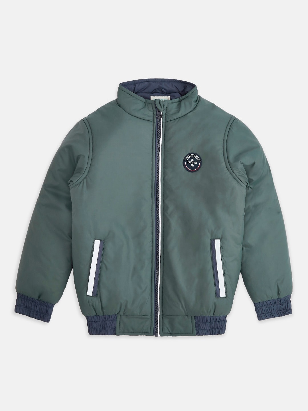 

Pantaloons Junior Boys Olive Green Navy Blue Bomber with Patchwork Jacket