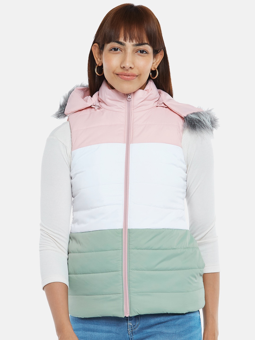 

People Women Peach-Coloured White Colourblocked Padded Jacket