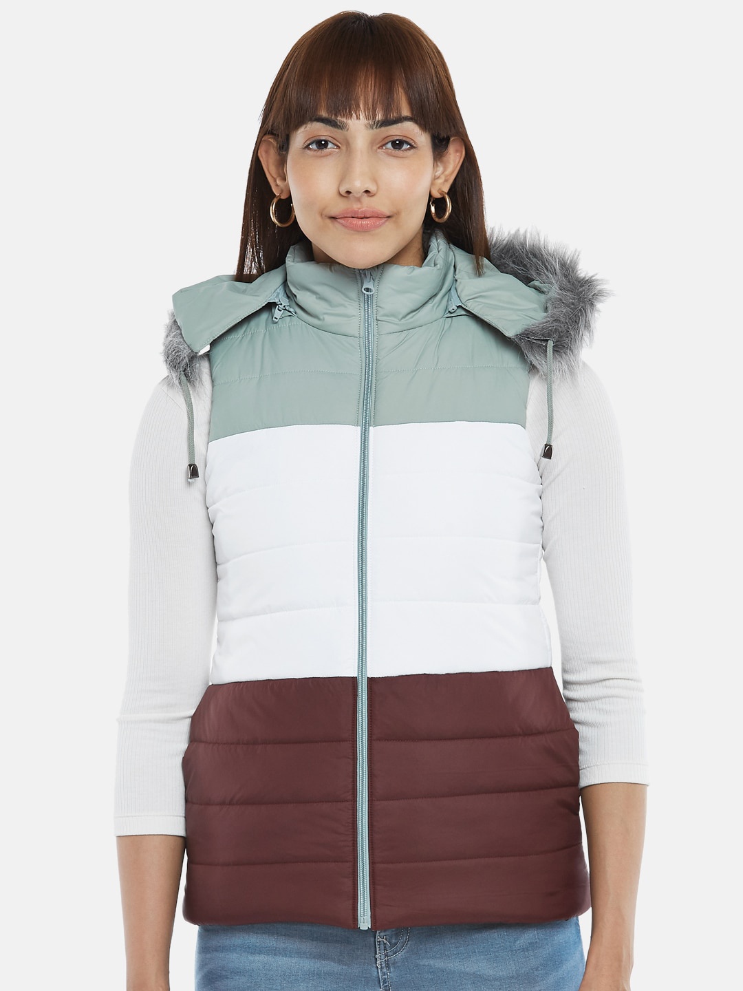 

People Women Sea Green Brown Colourblocked Padded Jacket