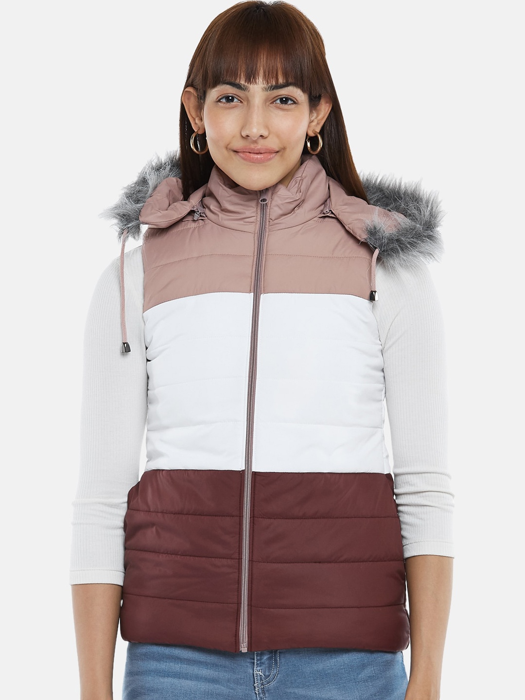 

People Women Pink White Colourblocked Parka Jacket