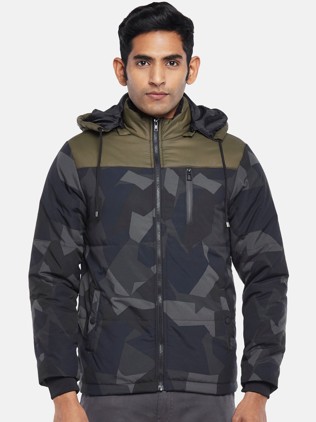 

Urban Ranger by pantaloons Men Olive Green Black Camouflage Bomber Jacket