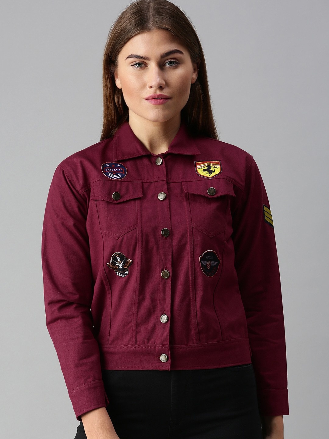 

VOXATI Women Maroon Crop Denim Jacket with Patchwork