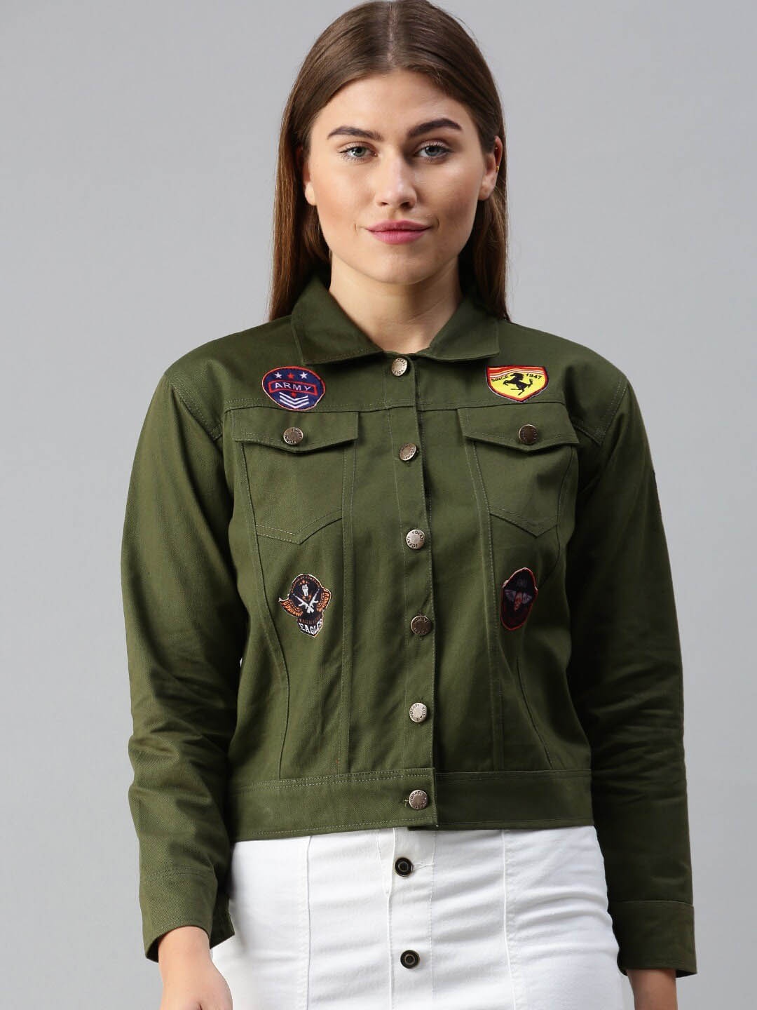 

VOXATI Women Olive Green Crop Denim Jacket with Patchwork