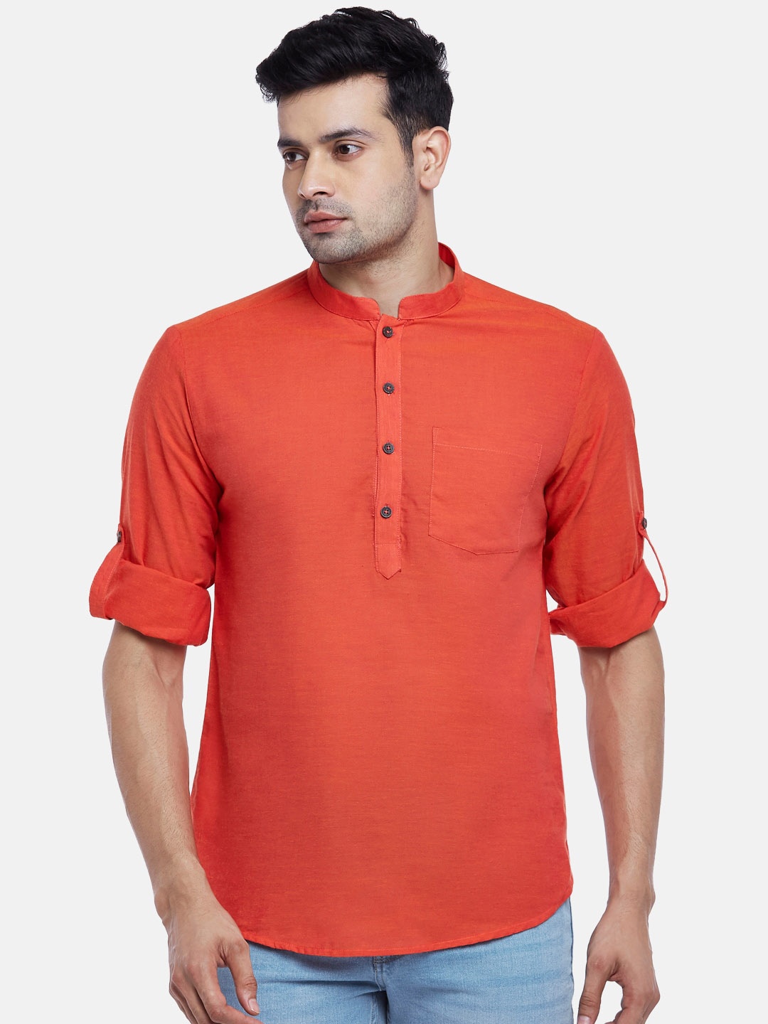 indus route by Pantaloons Men Coral Solid Roll Up Sleeves Cotton Short Kurta