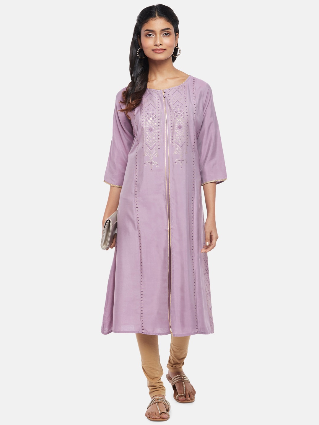 

RANGMANCH BY PANTALOONS Women Mauve & Gold-Toned Ethnic Motifs Printed Kurta