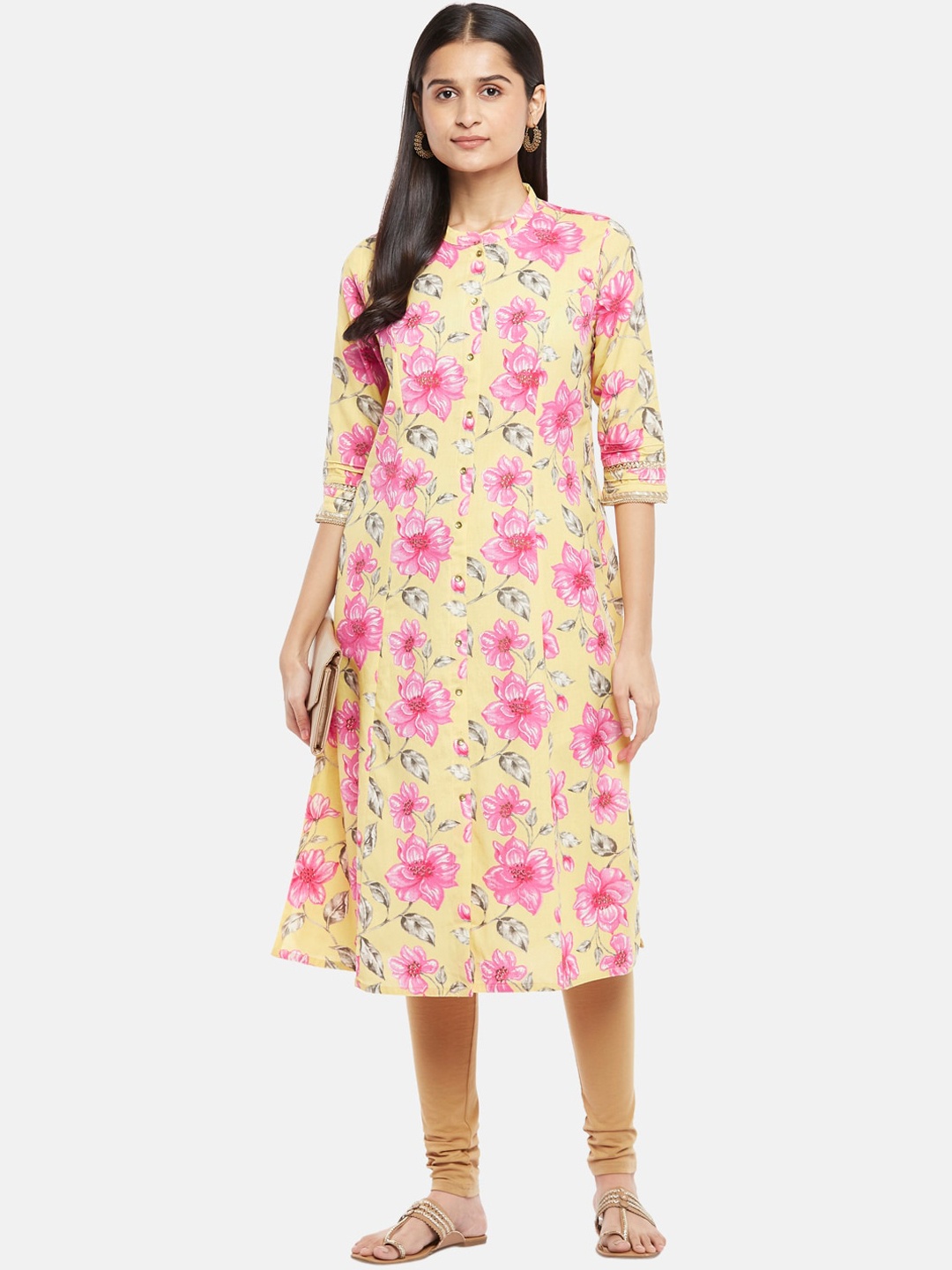 

RANGMANCH BY PANTALOONS Women Yellow & Pink Floral Printed Cotton Kurta