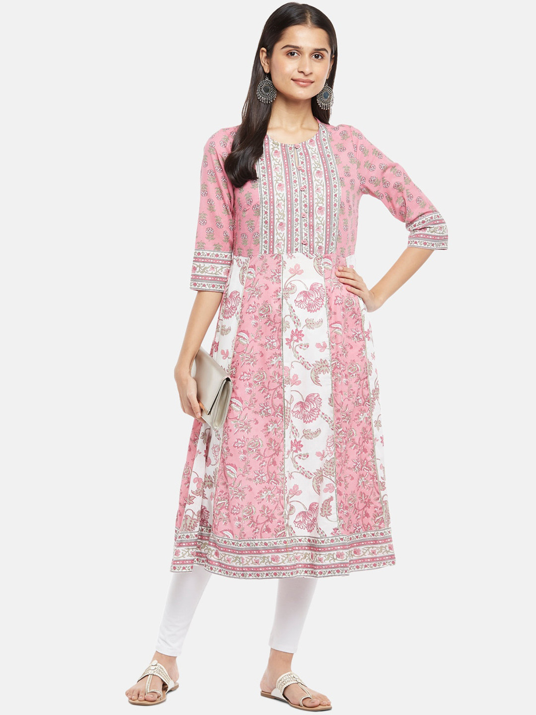 

RANGMANCH BY PANTALOONS Women Pink & White Printed Cotton Chikankari A-Line Kurta