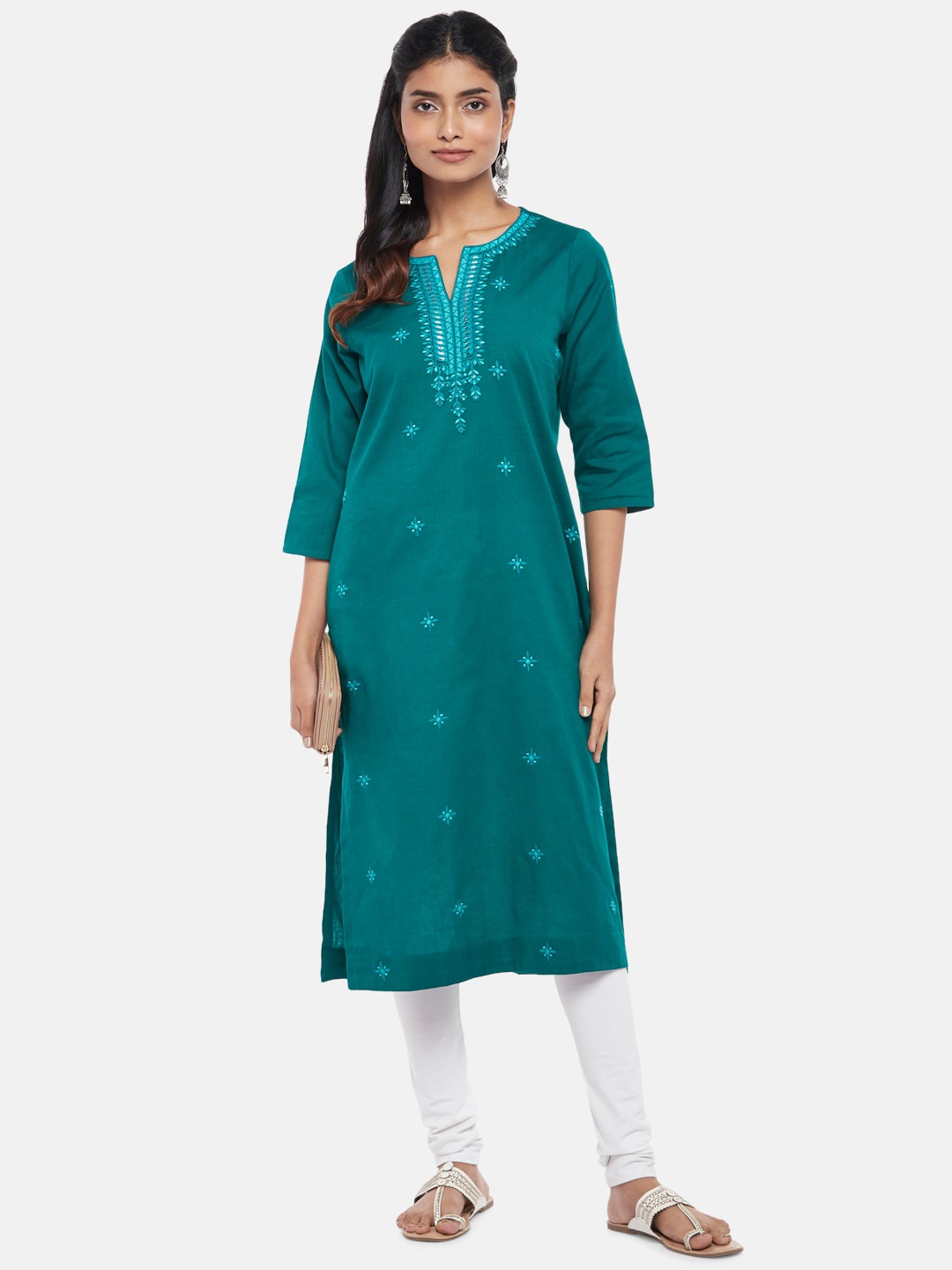 

RANGMANCH BY PANTALOONS Women Teal Ethnic Motifs Embroidered Mirror Work Cotton Kurta