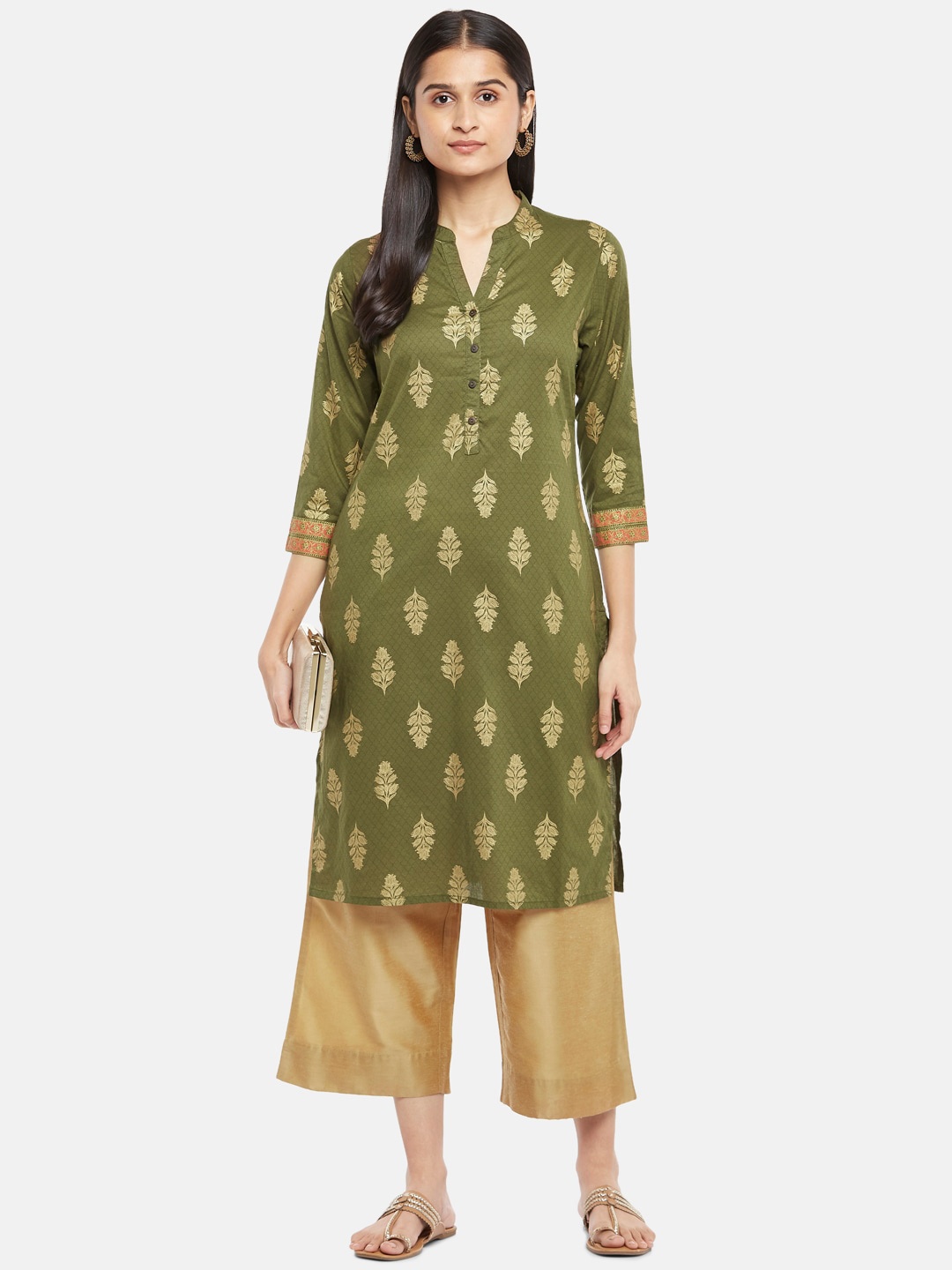 

RANGMANCH BY PANTALOONS Women Olive Green Ethnic Motifs Embroidered Thread Work Kurta