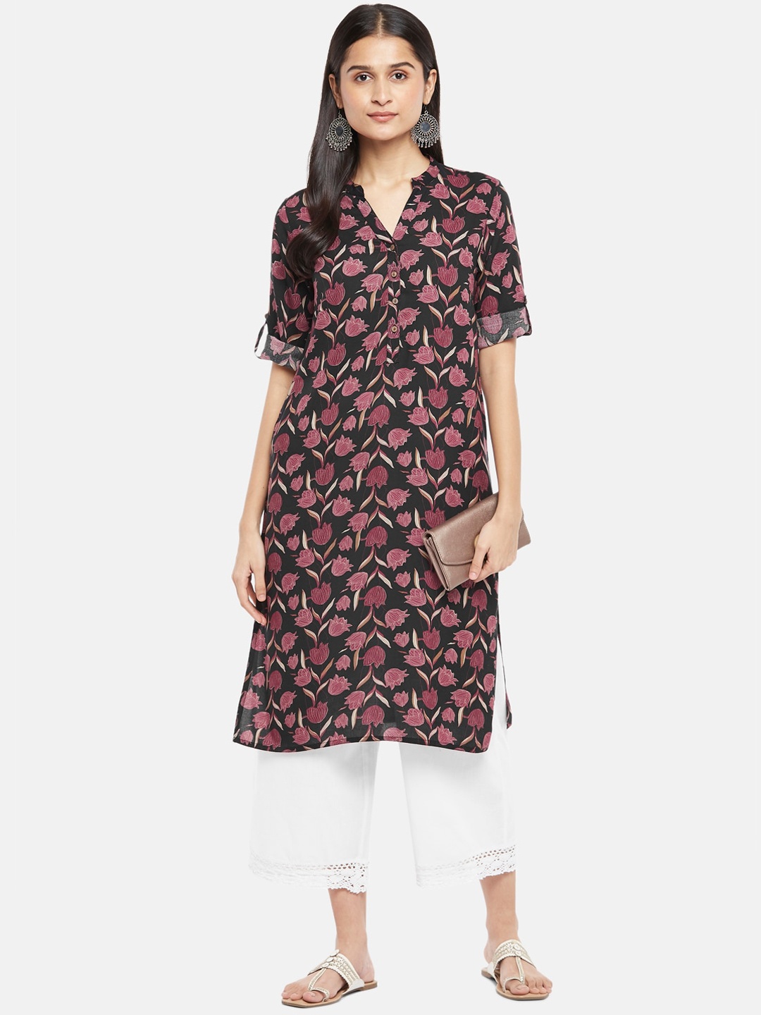 

RANGMANCH BY PANTALOONS Women Black & Red Floral Printed Kurta
