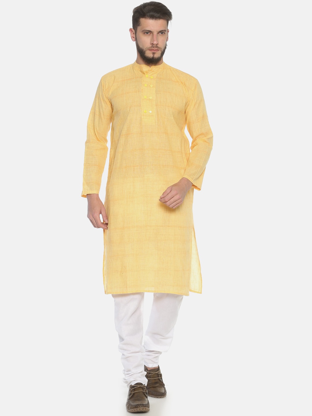 

PAROKSH Men Yellow Dobby Straight Cotton Kurta