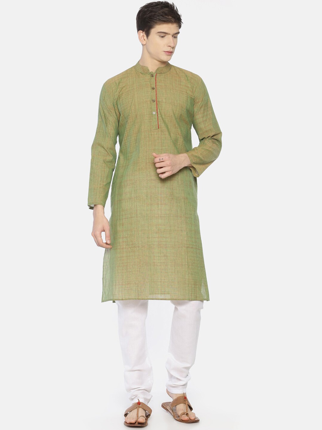 

PAROKSH Men Green Striped Handloom Cotton Kurta