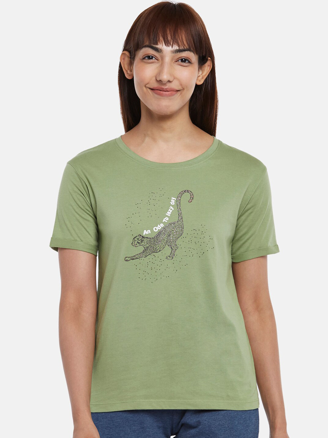 

Dreamz by Pantaloons Women Olive Green Printed Cotton Lounge T-shirts