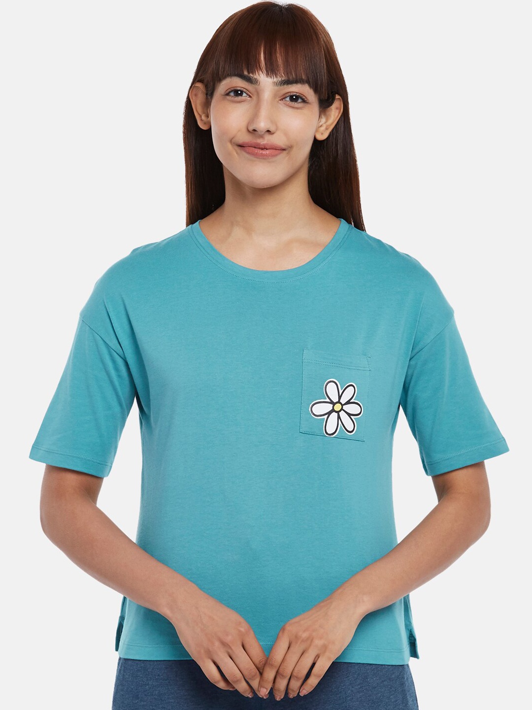 

Dreamz by Pantaloons Women Turquoise Blue Printed Cotton Lounge T-shirt
