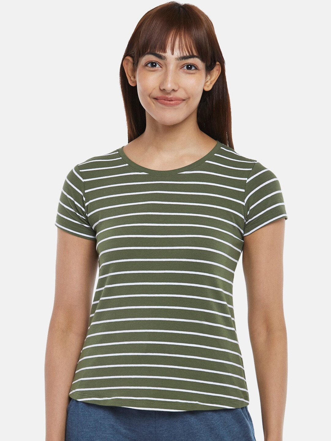 

Dreamz by Pantaloons Women Olive & White Striped Cotton Lounge T-shirt