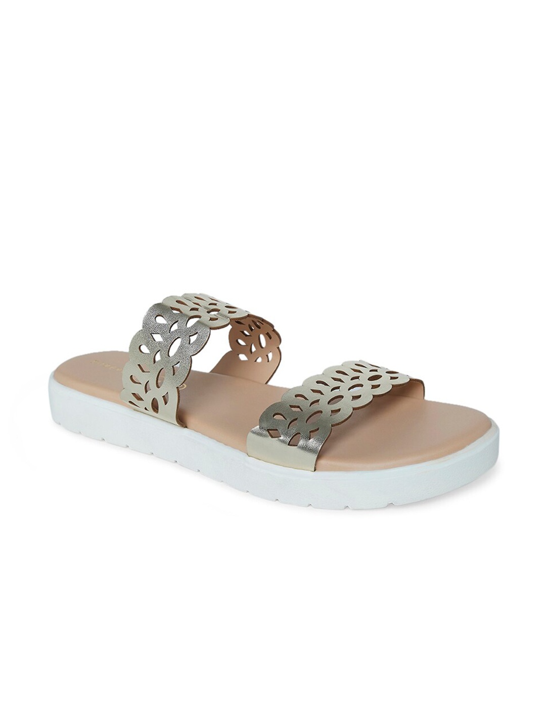 

Forever Glam by Pantaloons Women Textured Open Toe Flats with Laser Cuts, Gold