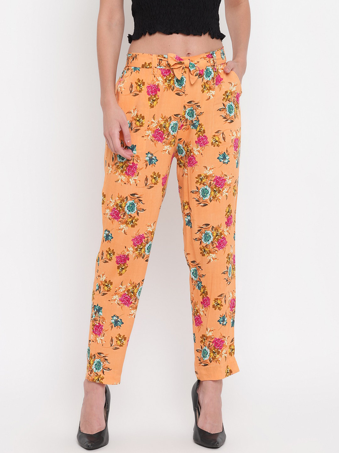 

Aawari Women Orange Floral Printed High-Rise Trousers