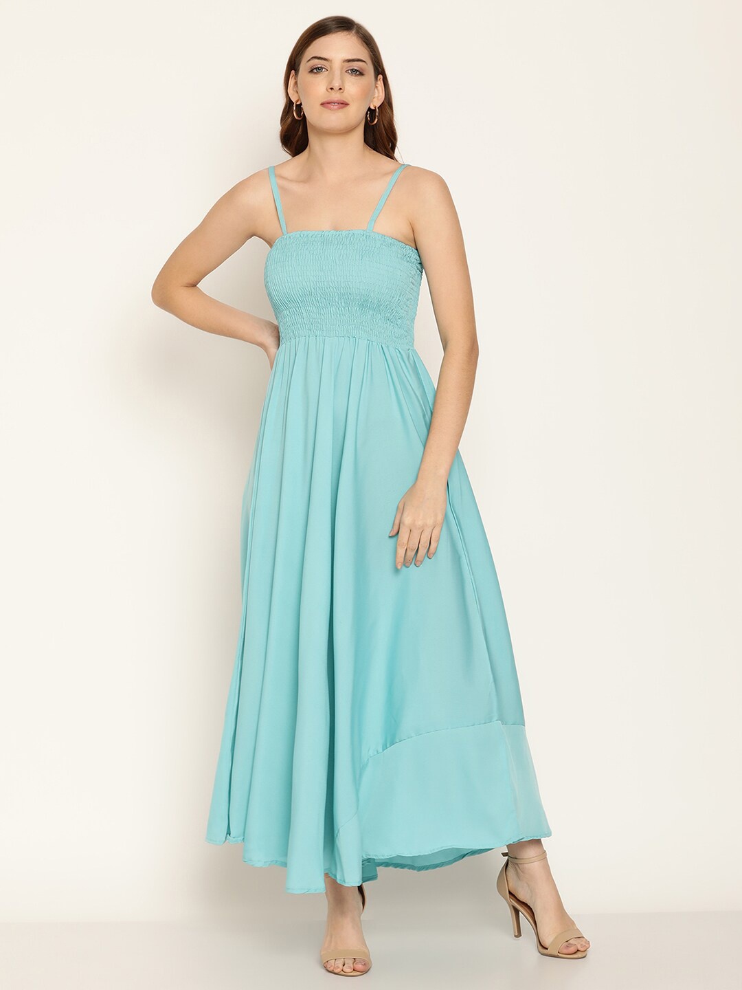 

Aawari Women Turquoise Blue Solid Shoulder Straps Maxi Dress