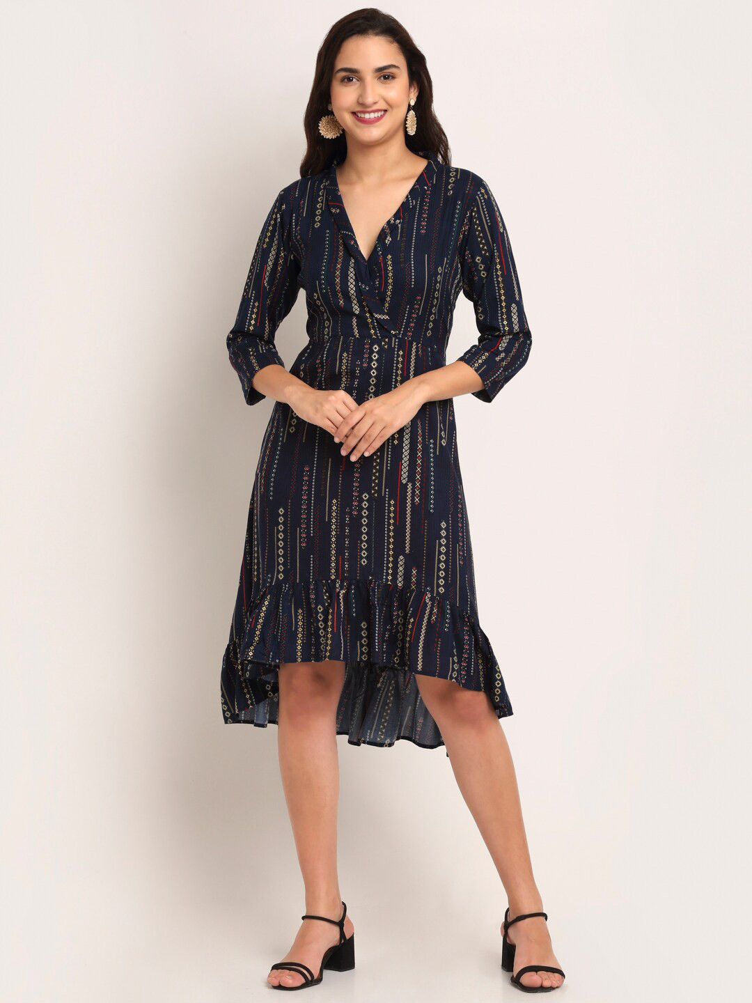 

Aawari Women Blue Printed V-Neck A-Line Midi Dress