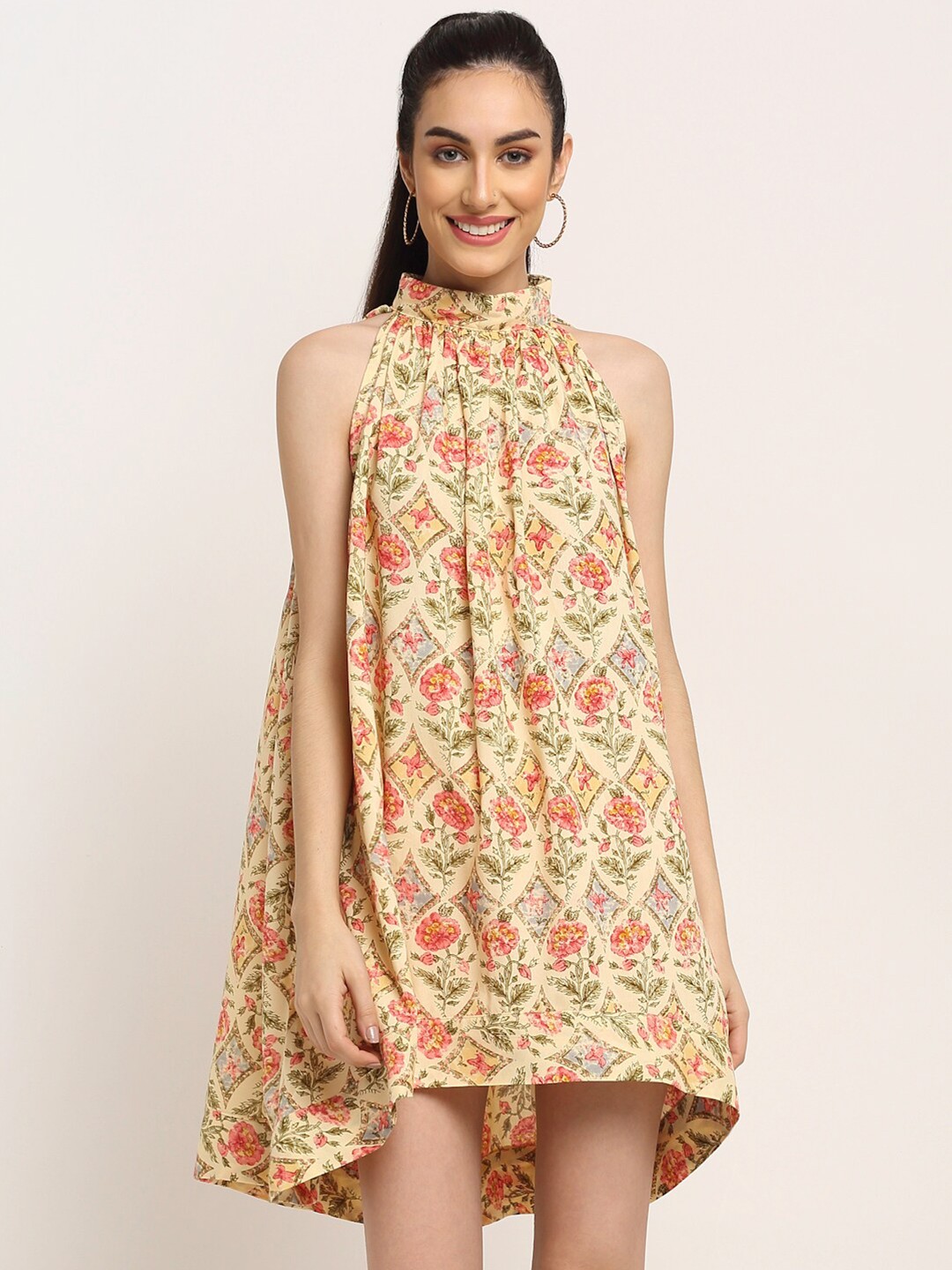 

Aawari Women Cream & Pink Floral Printed A-Line Dress