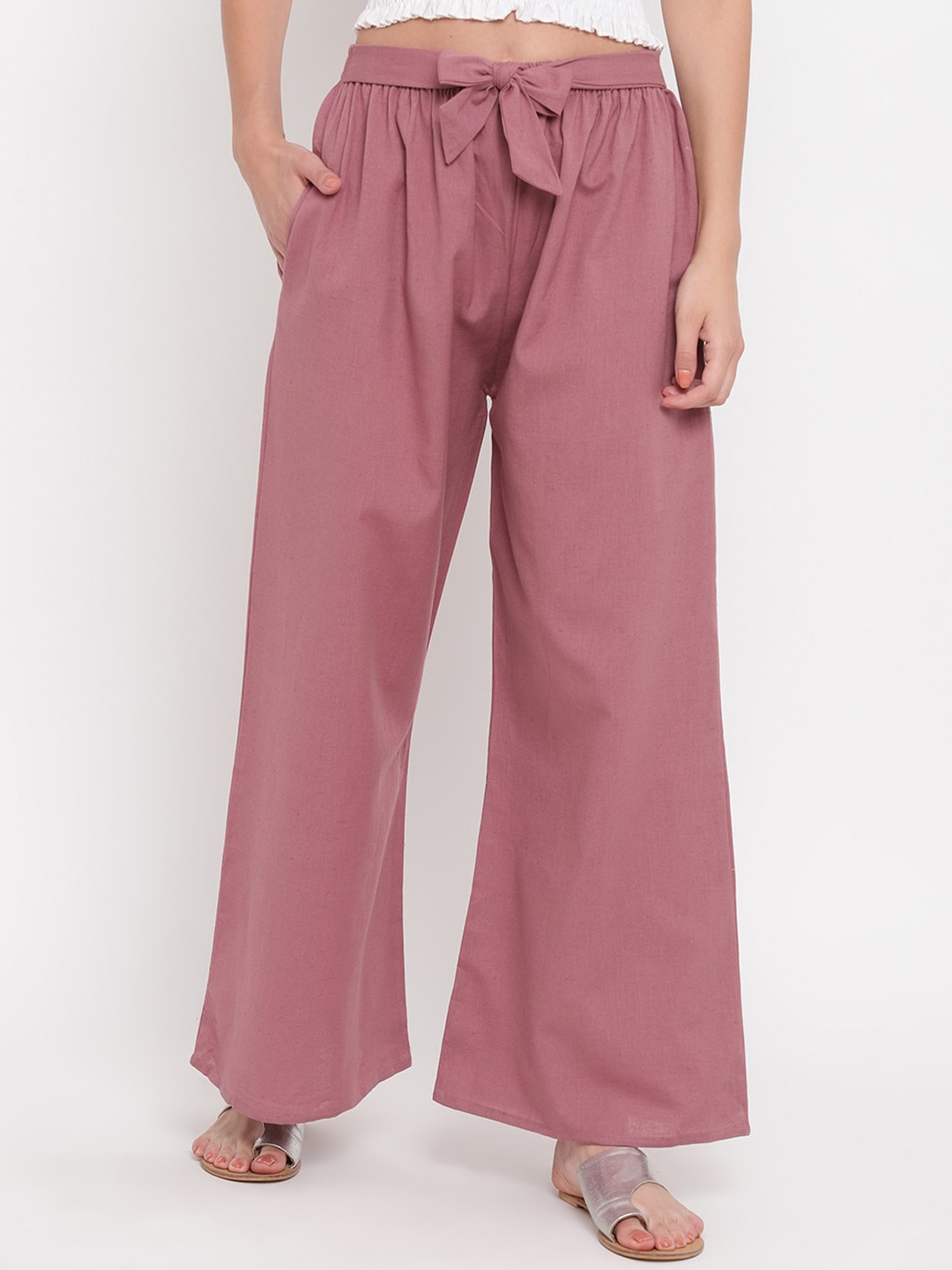 

Aawari Women Mauve Solid High-Rise Cotton Trousers