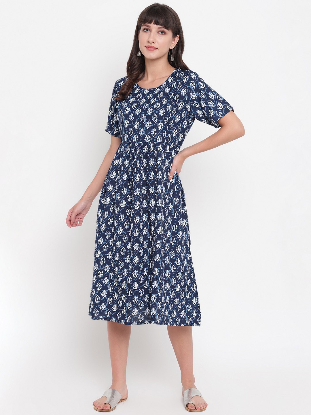 

Aawari Women Blue & White Printed Viscose Rayon Maternity A-Line Dress