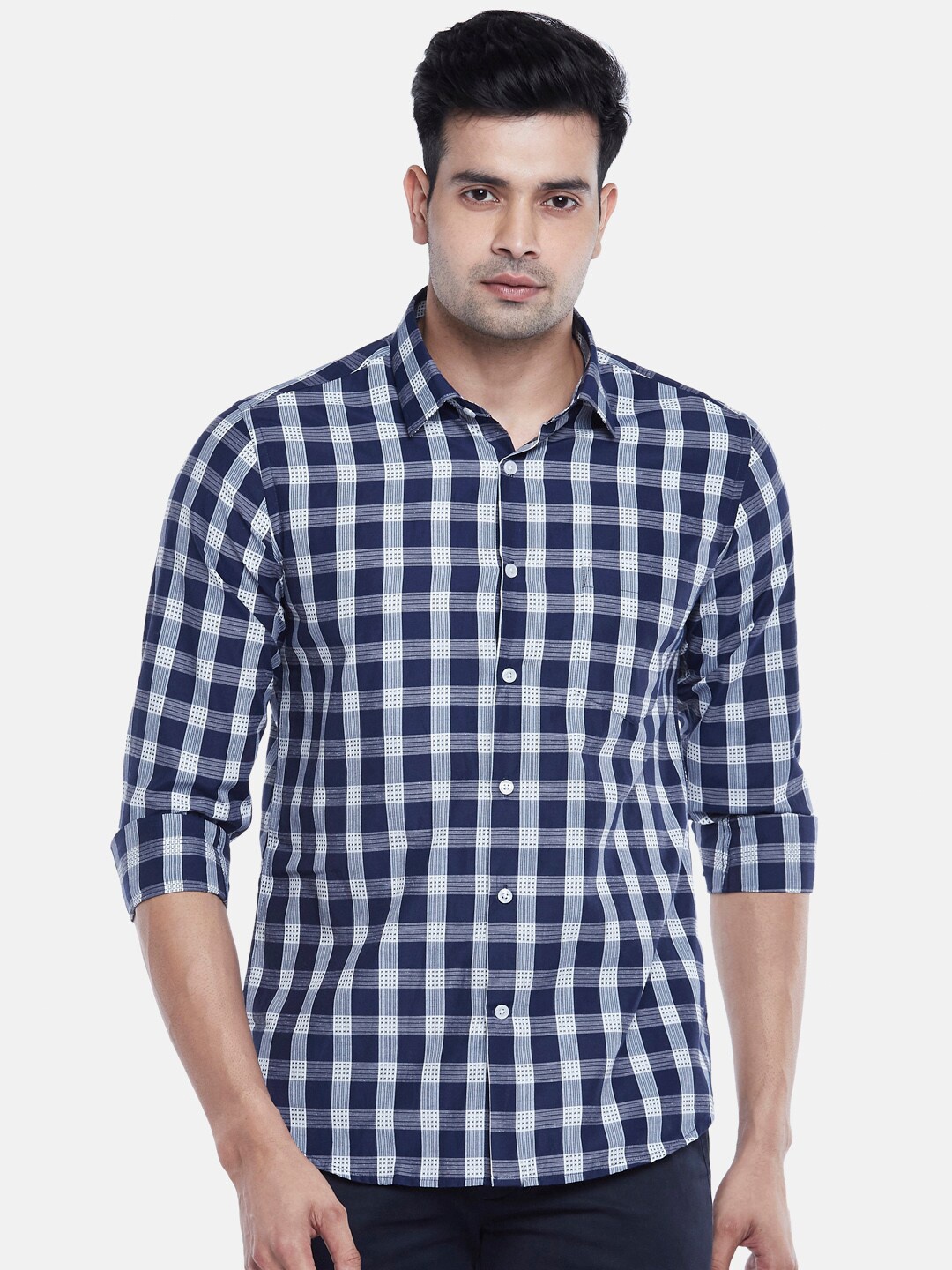 

BYFORD by Pantaloons Men Navy Blue Slim Fit Checked Formal Shirt