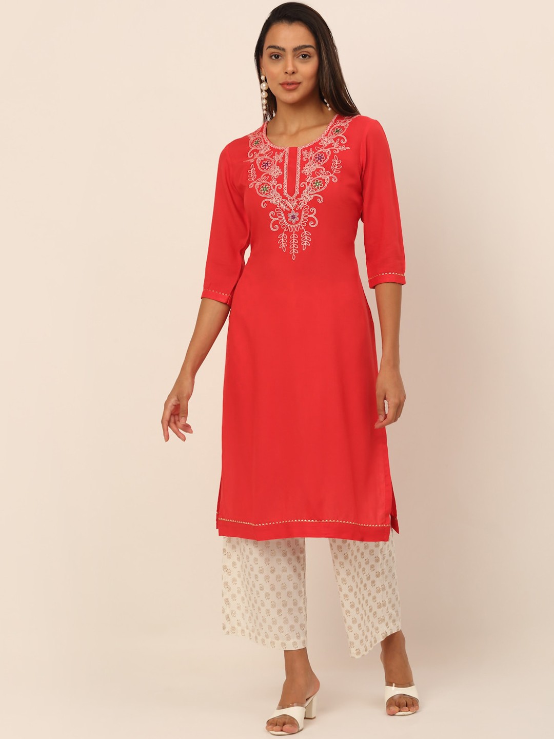 

KALINI Women Coral Ethnic Motifs Yoke Design Thread Work Kurta