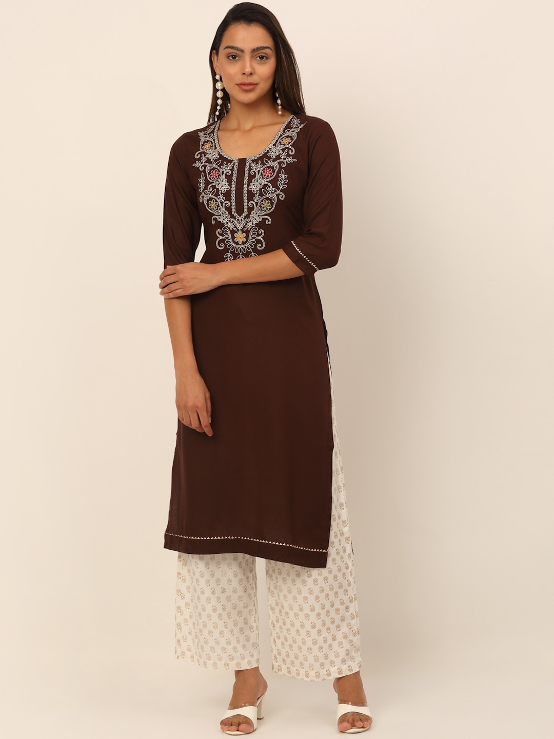 

KALINI Women Paisley Yoke Design Thread Work Kurta, Brown