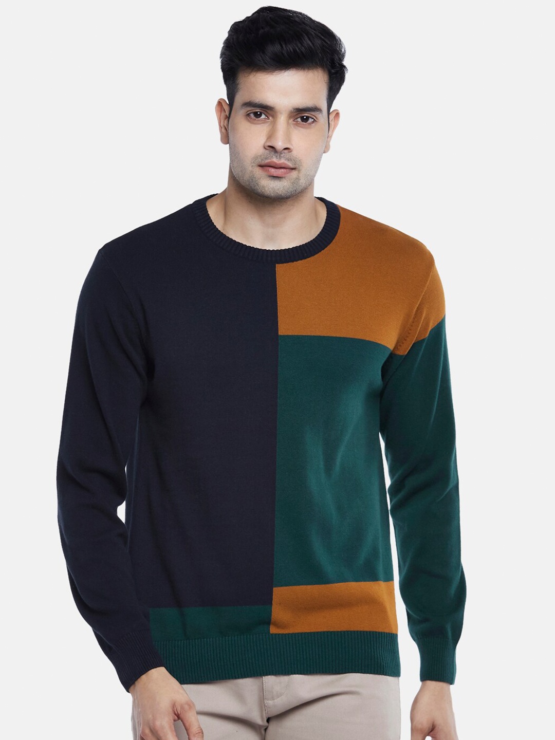 

BYFORD by Pantaloons Men Navy Blue & Green Colourblocked Pullover