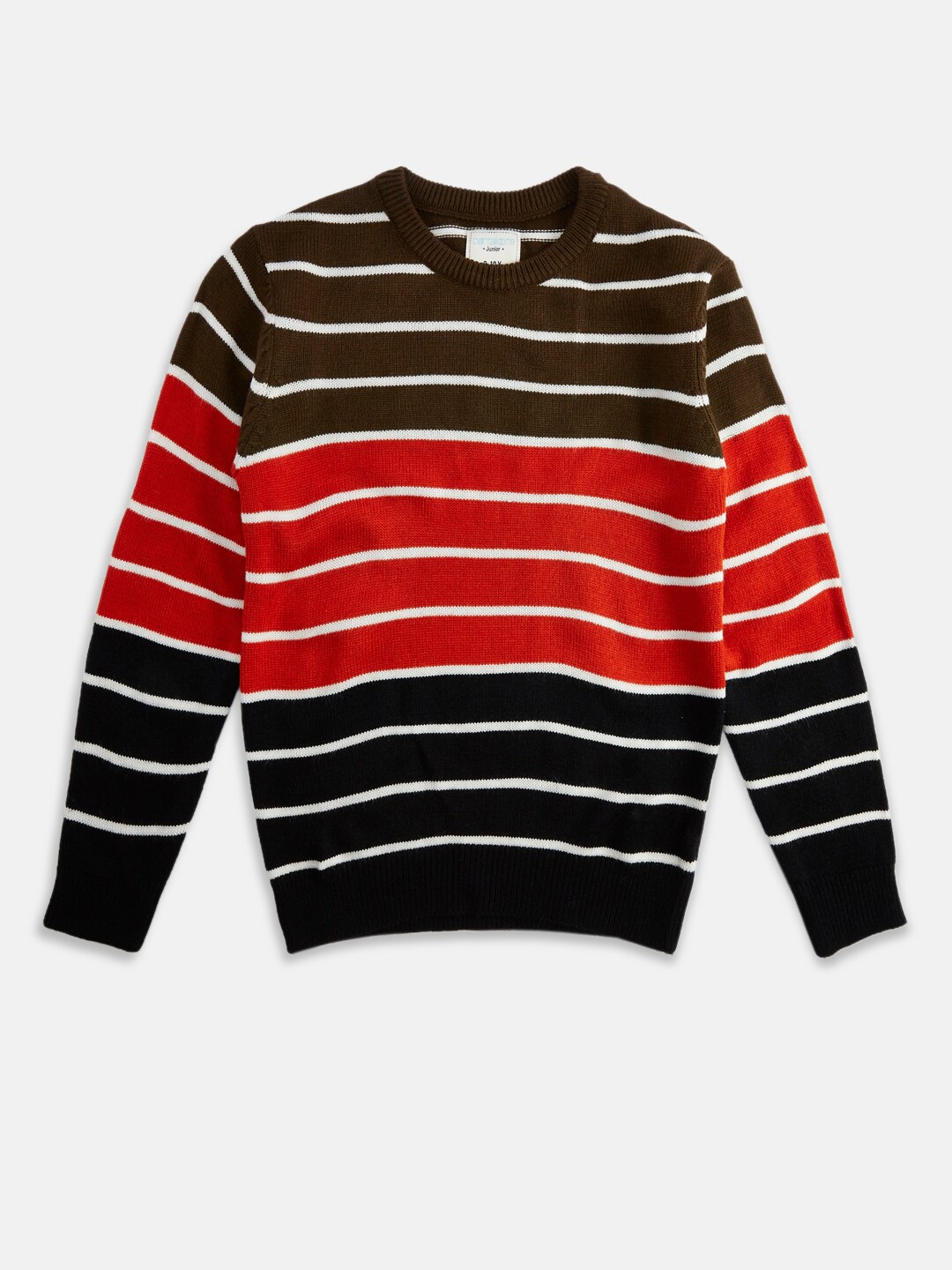 

Pantaloons Junior Boys Olive Green & Red Striped Pullover Sweater