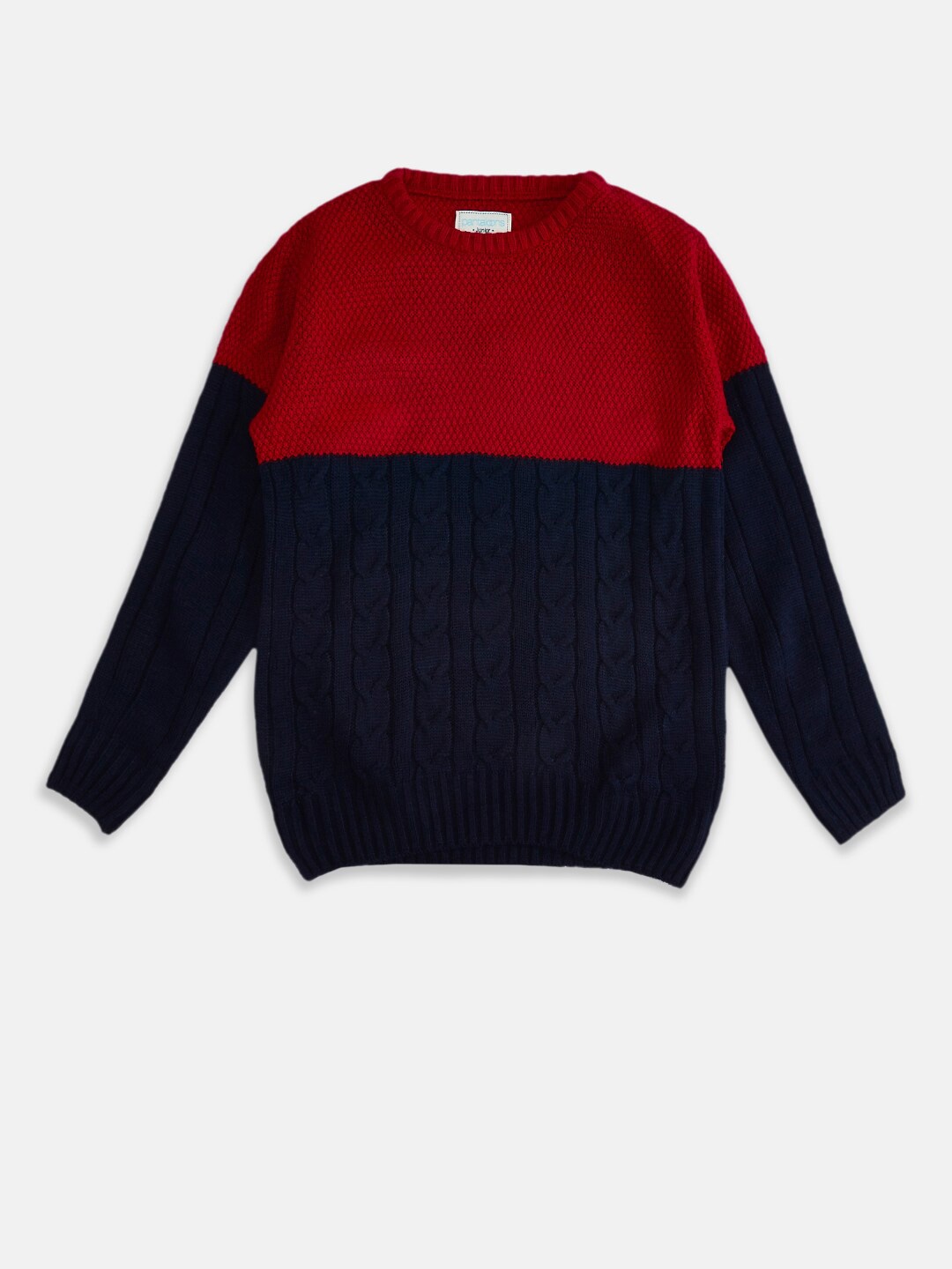 

Pantaloons Junior Boys Red & Navy Blue Cable Knit Colourblocked Pullover Sweater