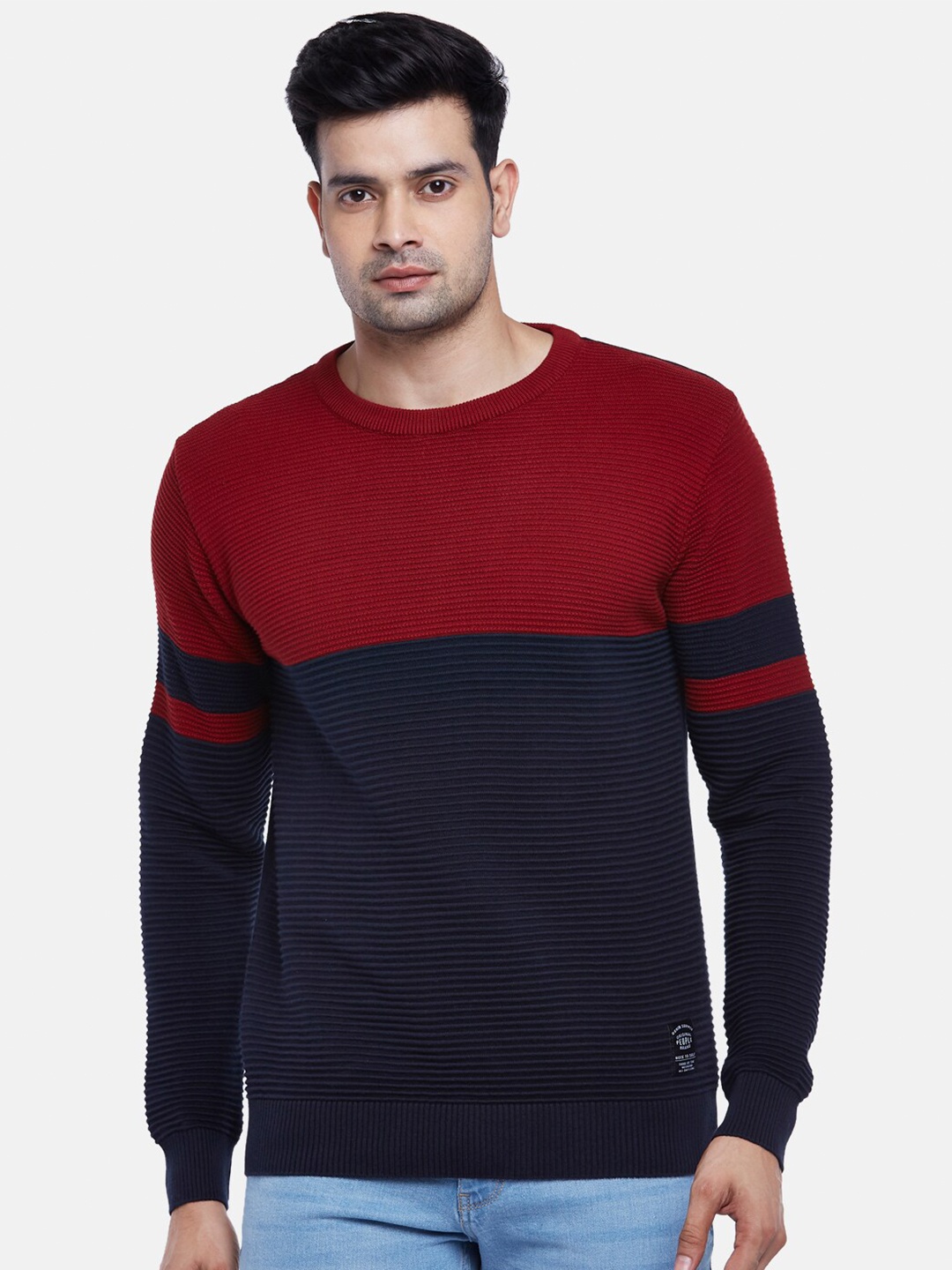 

People Men Red & Navy Blue Colourblocked Pullover