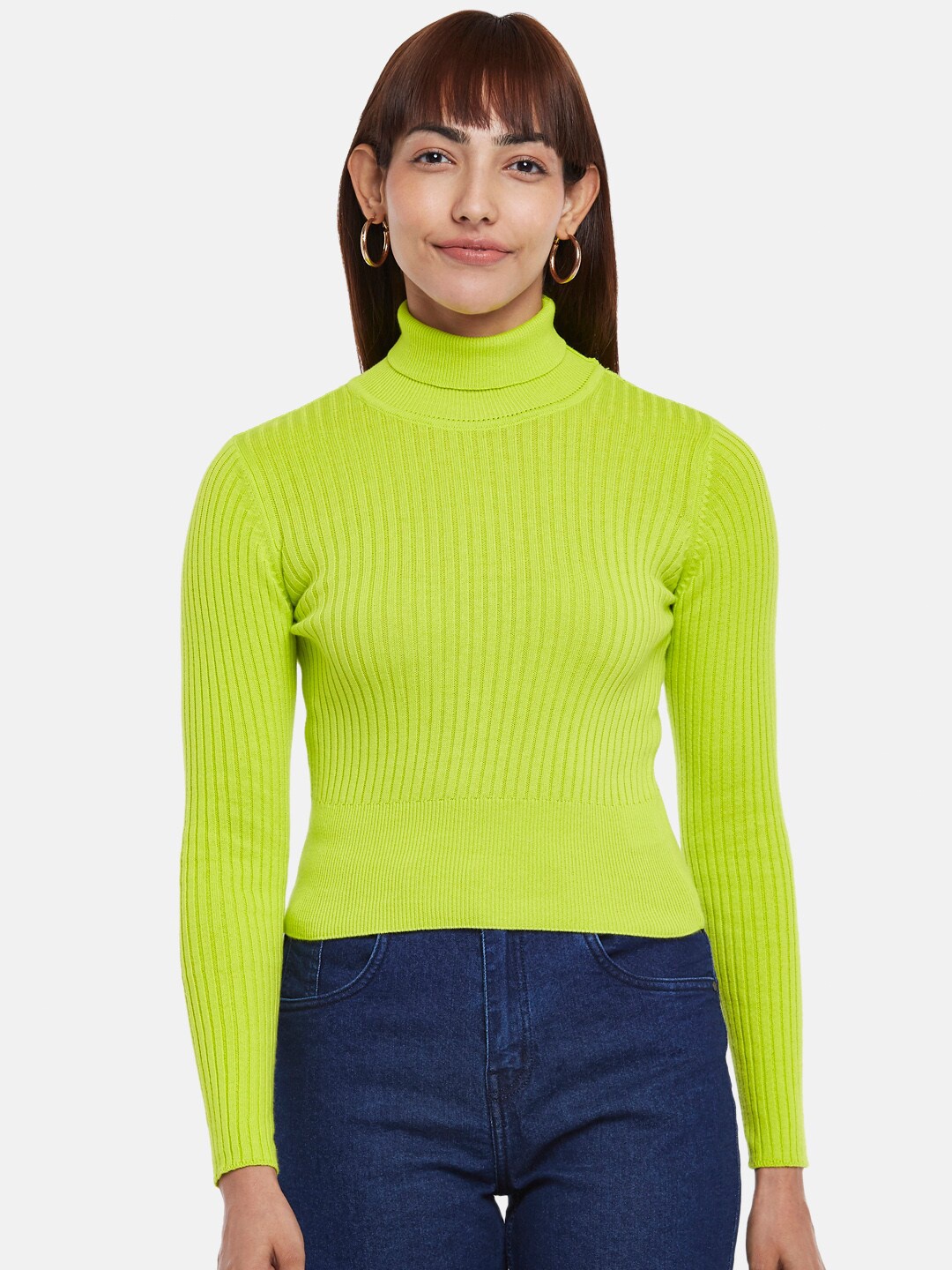 

People Women Yellow Ribbed Pullover, Fluorescent green