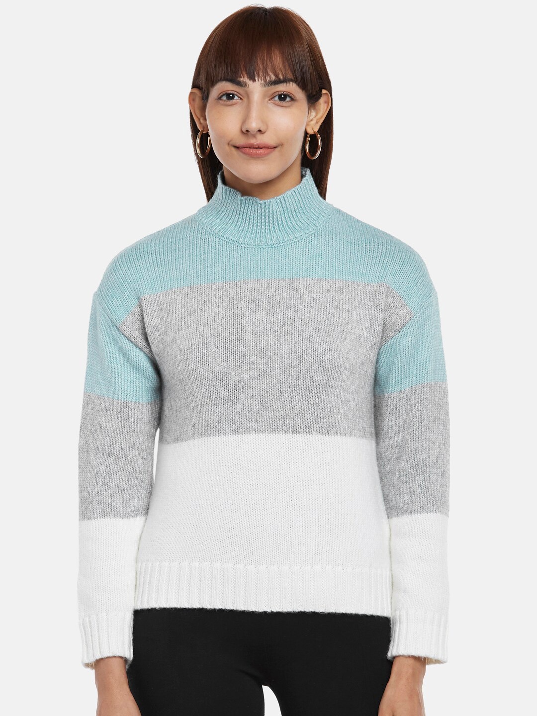 

People Women Green & White Colourblocked Pullover