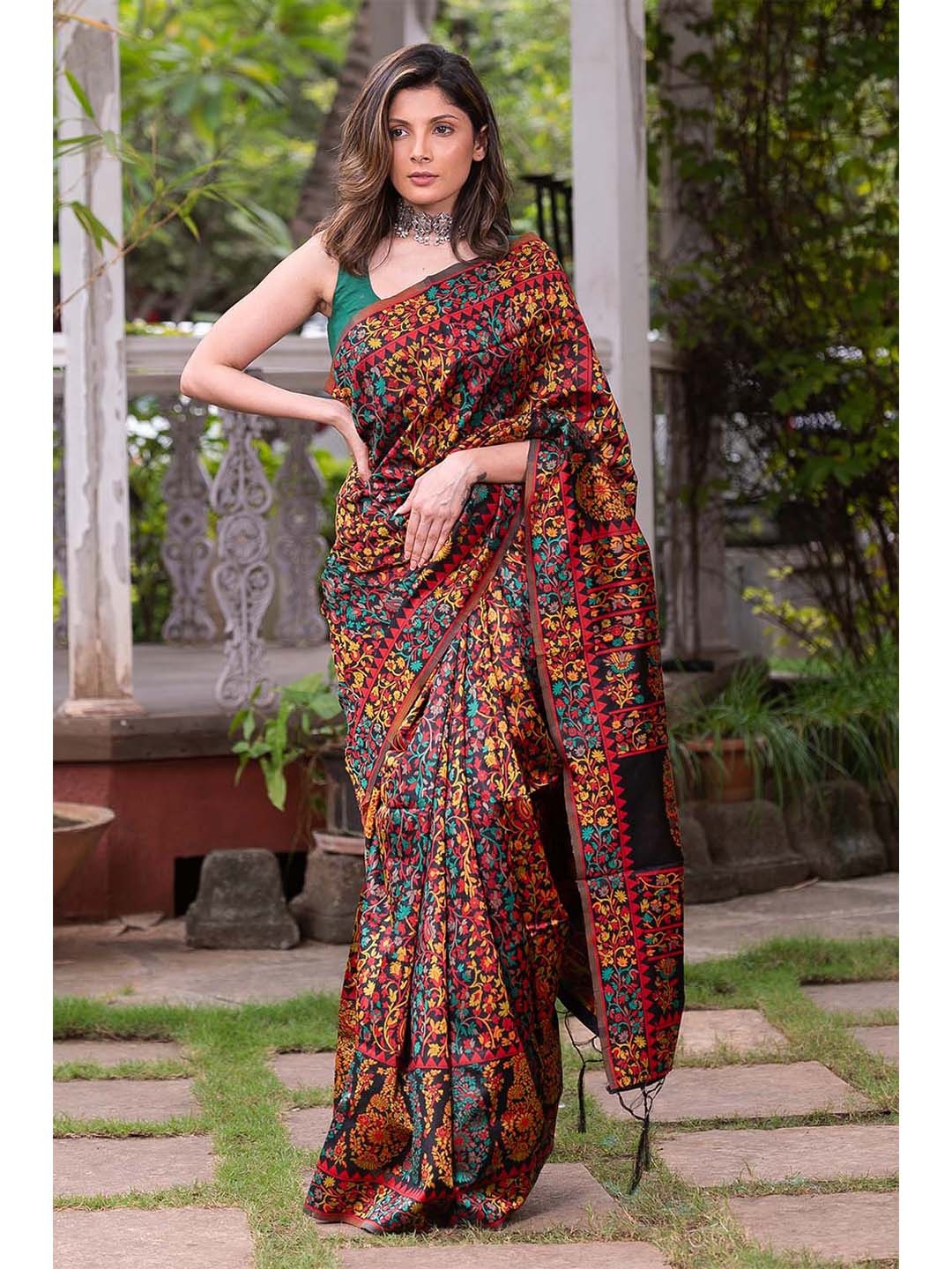 

KARAGIRI Black & Green Kalamkari Zari Cotton Banarasi Saree