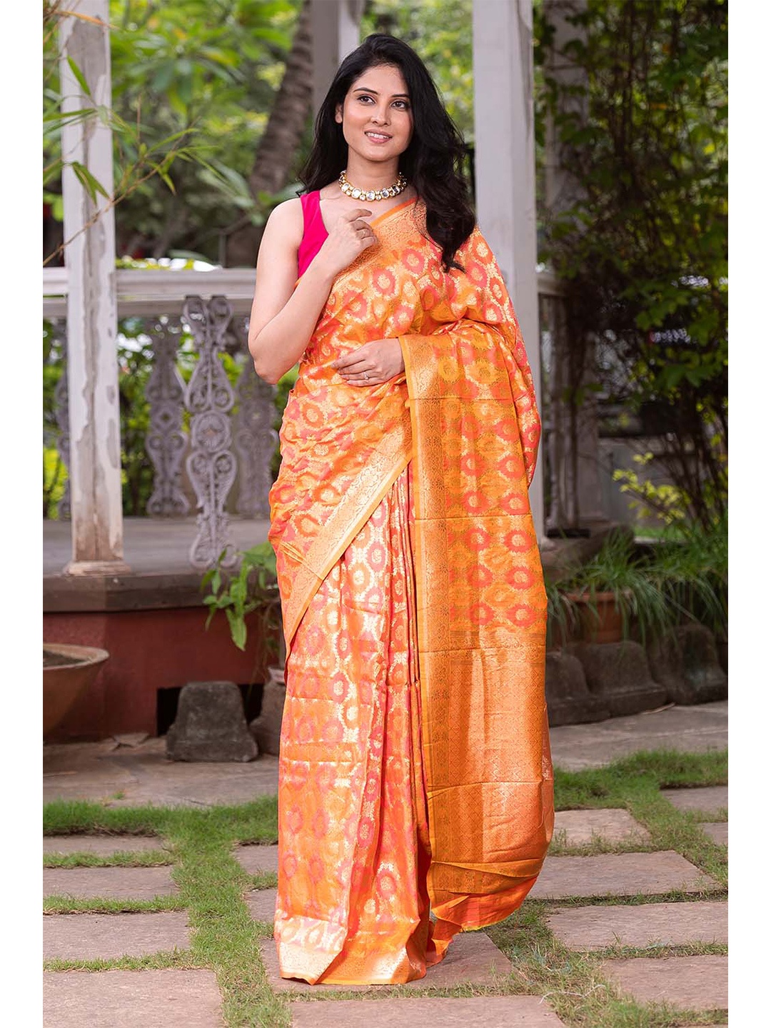 

KARAGIRI Orange & Gold Woven Design Zari Banarasi Saree