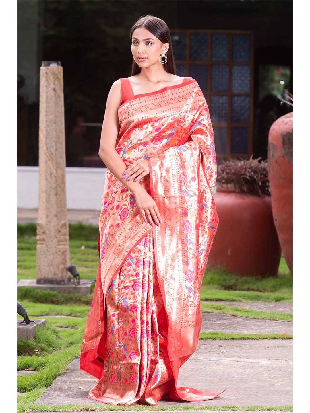 

KARAGIRI Pink & Blue Woven Design Zari Paithani Saree