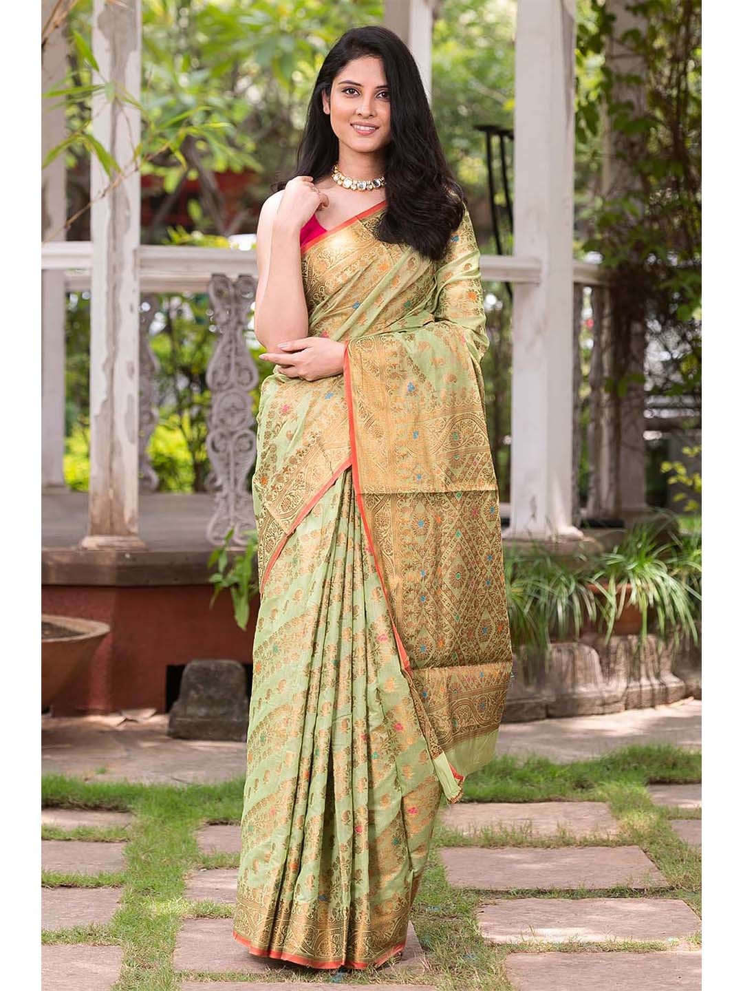 

KARAGIRI Green & Copper Woven Design Zari Pure Cotton Chanderi Saree