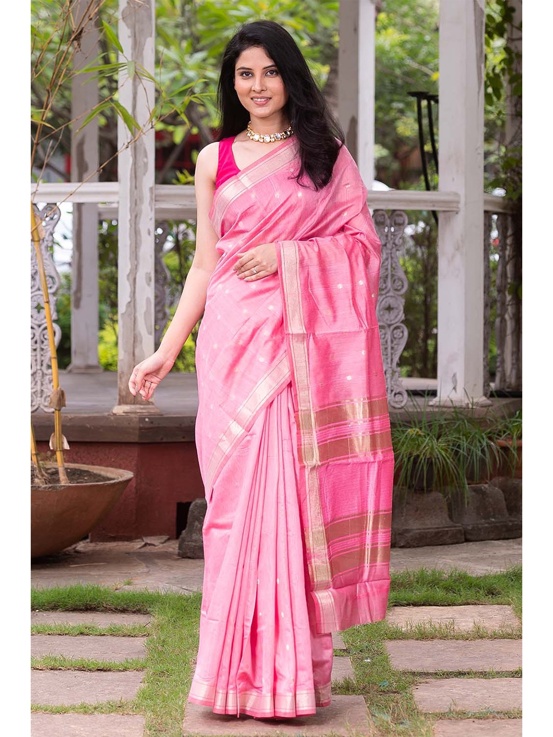 

KARAGIRI Women Pink & Gold Ethnic Motifs Zari Pure Cotton Banarasi Saree