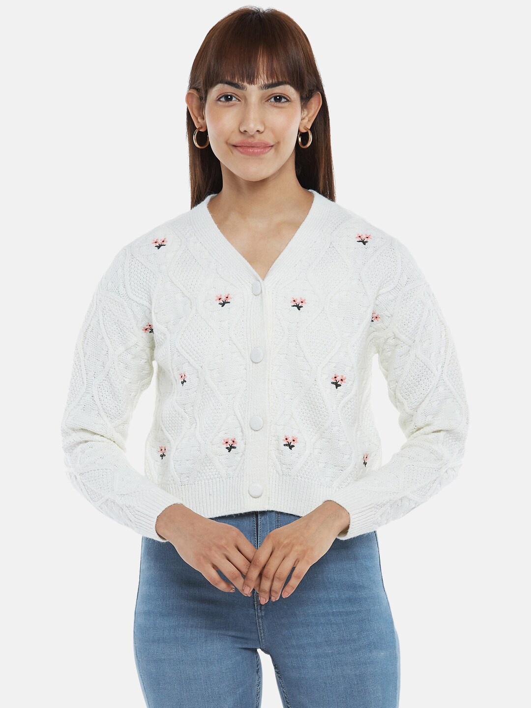 

Honey by Pantaloons Women Off White Floral Crop Sweater Vest with Embroidered Detail