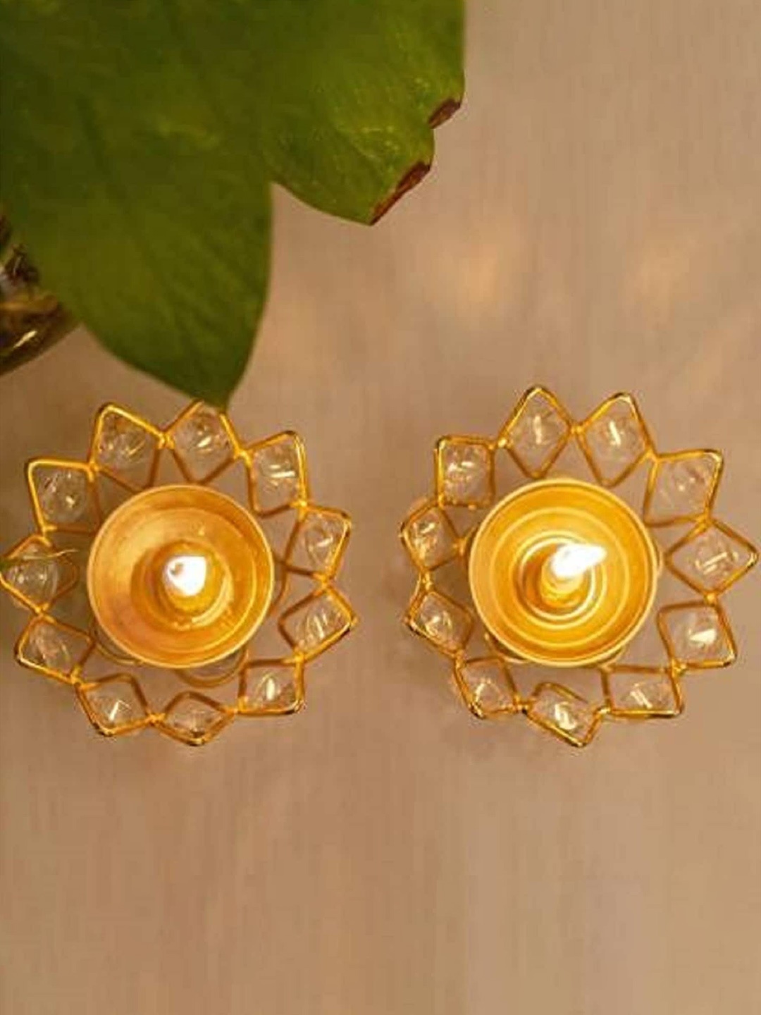 

Fashion Bizz Set of 2 Gold-Toned Textured Phool Diyas